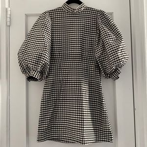 Ganni black and white printed puff sleeve mini dress